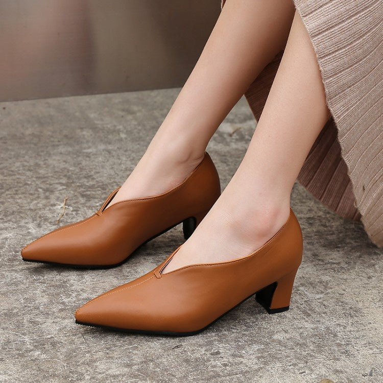 Women Pu Leather High Heel Chunky Pumps