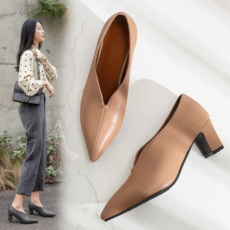 Women Pu Leather High Heel Chunky Pumps