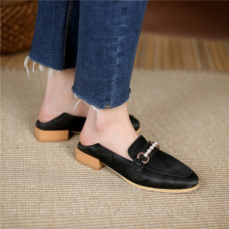 Women Metal Pearl Low Heel Chunky Pumps