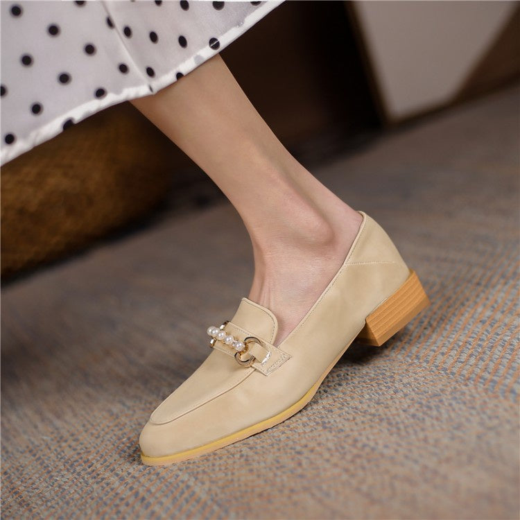 Women Metal Pearl Low Heel Chunky Pumps