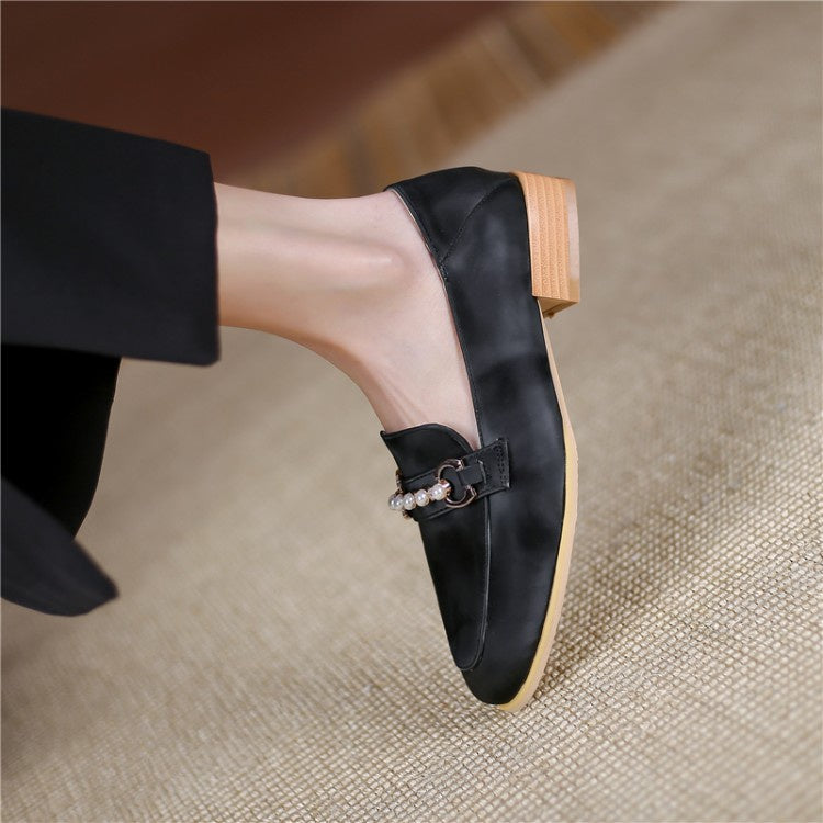 Women Metal Pearl Low Heel Chunky Pumps