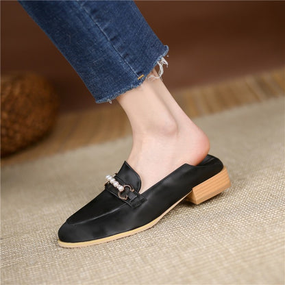 Women Metal Pearl Low Heel Chunky Pumps