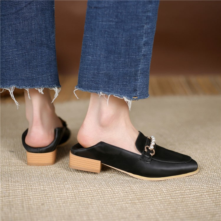 Women Metal Pearl Low Heel Chunky Pumps