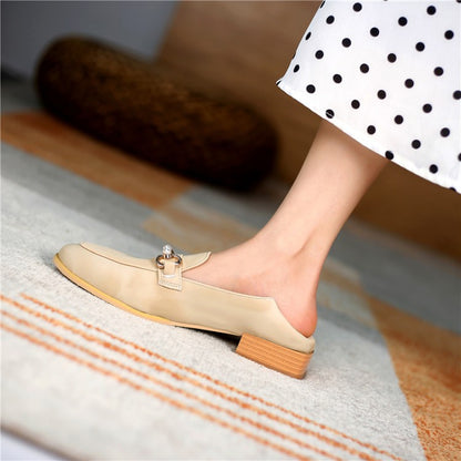 Women Metal Pearl Low Heel Chunky Pumps