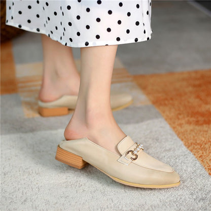 Women Metal Pearl Low Heel Chunky Pumps