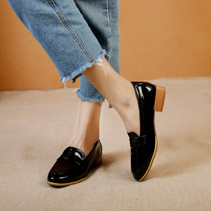 Women Patent Leather Low Heel Chunky Pumps