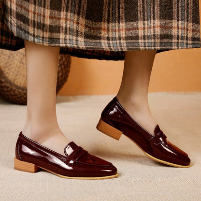 Women Patent Leather Low Heel Chunky Pumps