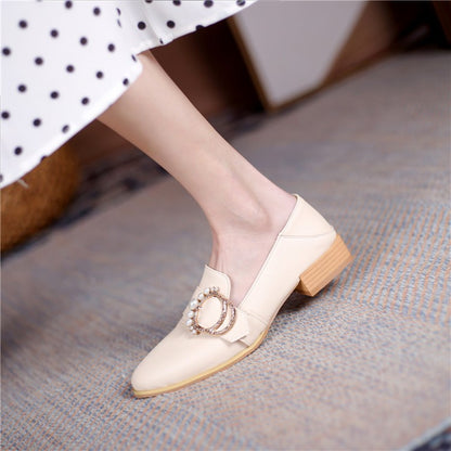 Women Rhinestone Pearl Low Heel Chunky Pumps