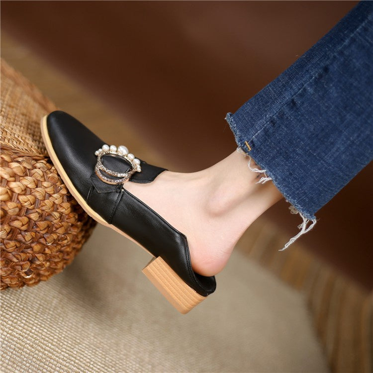 Women Rhinestone Pearl Low Heel Chunky Pumps