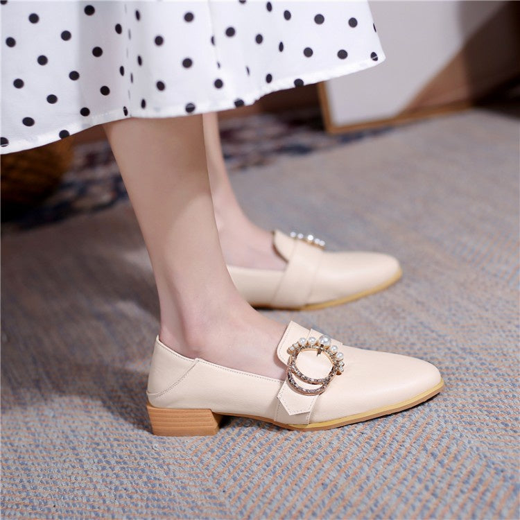 Women Rhinestone Pearl Low Heel Chunky Pumps