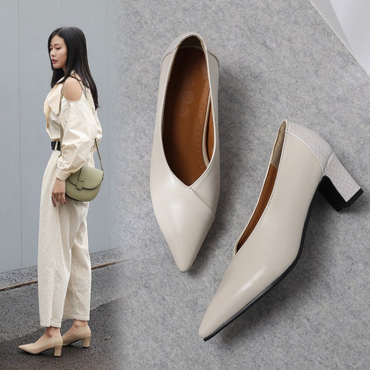 Women Pointed Toe High Heel Chunky Pumps