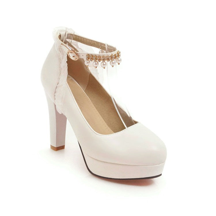 Women Ankle Strap Chunky Heel Platform Pumps