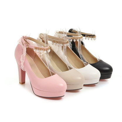 Women Ankle Strap Chunky Heel Platform Pumps