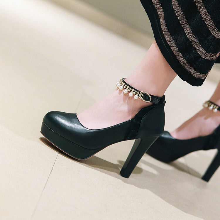 Women Ankle Strap Chunky Heel Platform Pumps