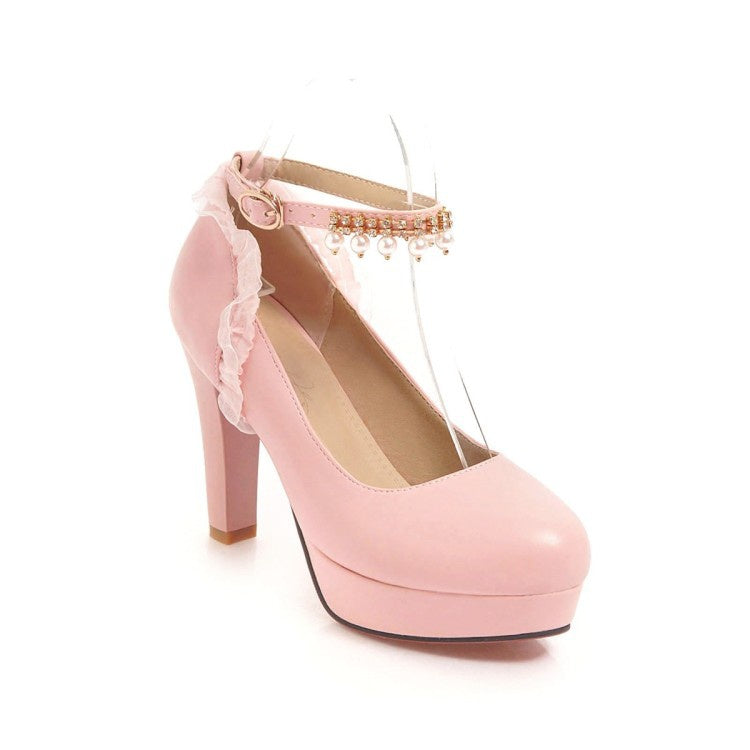 Women Ankle Strap Chunky Heel Platform Pumps