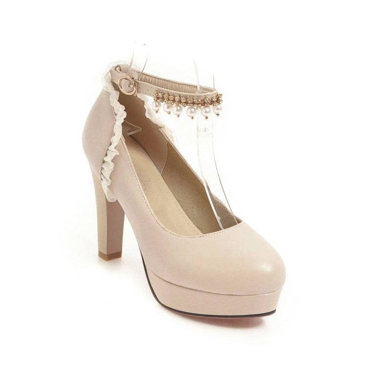 Women Ankle Strap Chunky Heel Platform Pumps