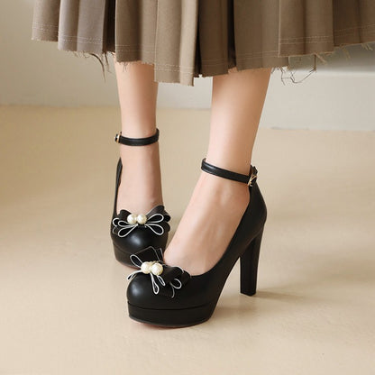 Women Ankle Strap Bowtie Chunky Heel Platform Pumps