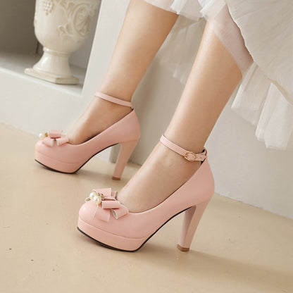 Women Ankle Strap Bowtie Chunky Heel Platform Pumps