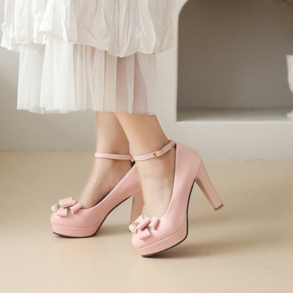 Women Ankle Strap Bowtie Chunky Heel Platform Pumps