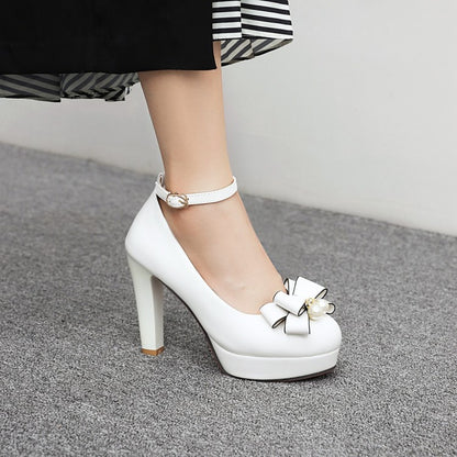 Women Ankle Strap Bowtie Chunky Heel Platform Pumps