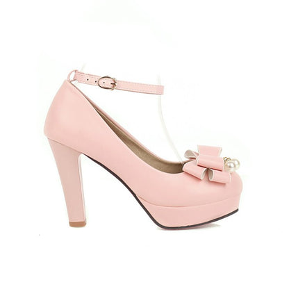 Women Ankle Strap Bowtie Chunky Heel Platform Pumps