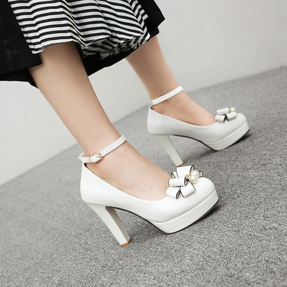 Women Ankle Strap Bowtie Chunky Heel Platform Pumps