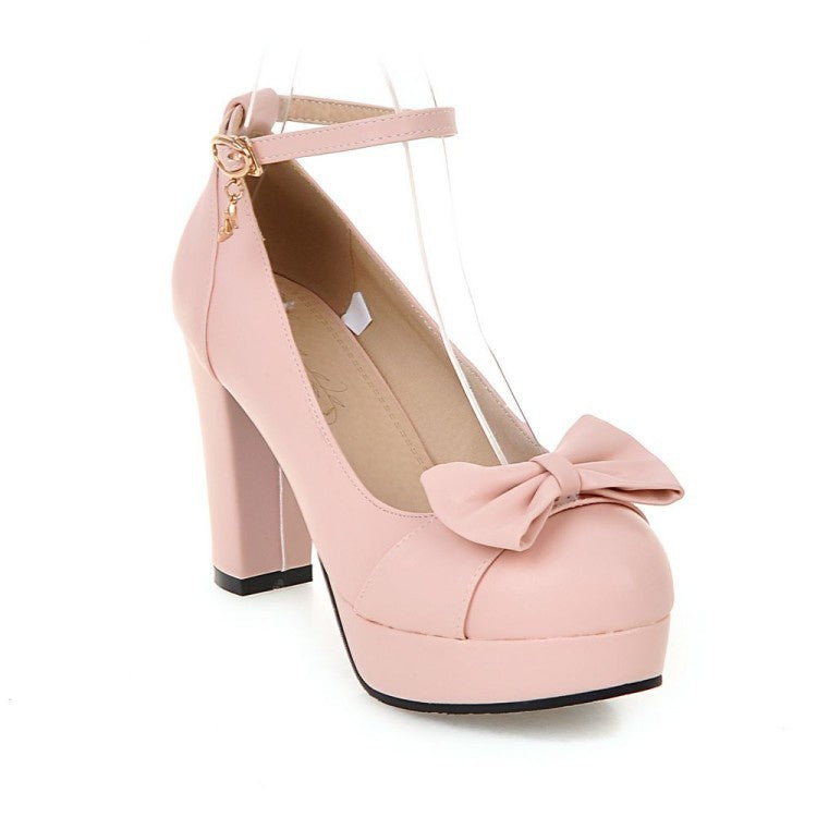 Women Ankle Strap Bowtie Chunky Heel Platform Pumps