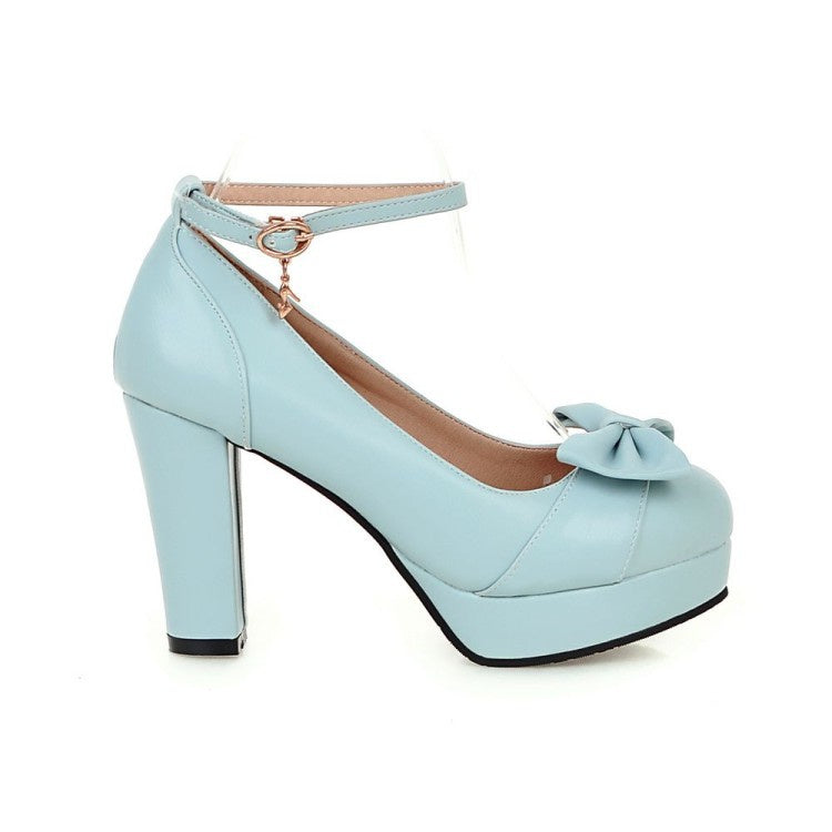 Women Ankle Strap Bowtie Chunky Heel Platform Pumps