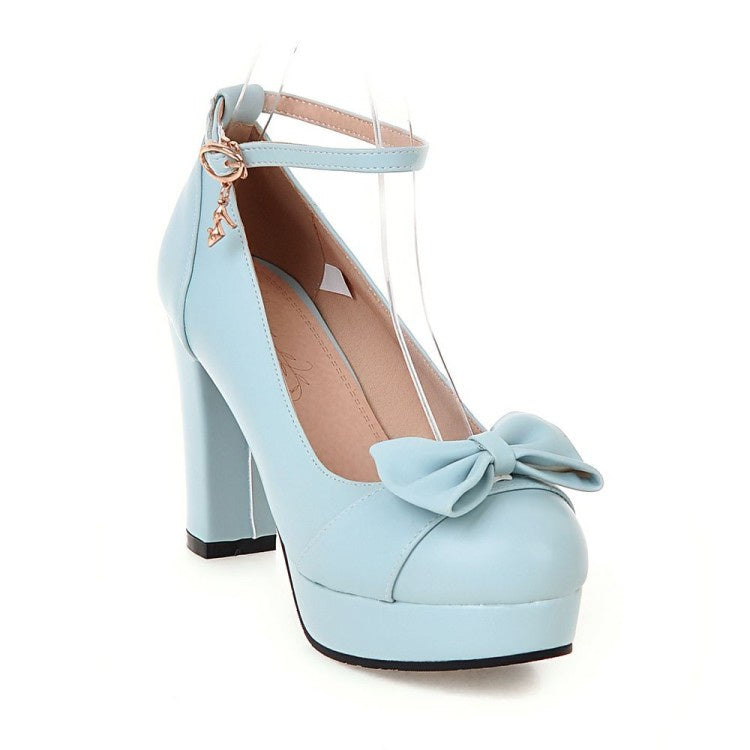 Women Ankle Strap Bowtie Chunky Heel Platform Pumps