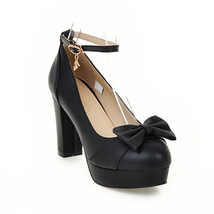 Women Ankle Strap Bowtie Chunky Heel Platform Pumps