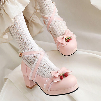 Women Lace Bowtie Chunky Heel Platform Pumps