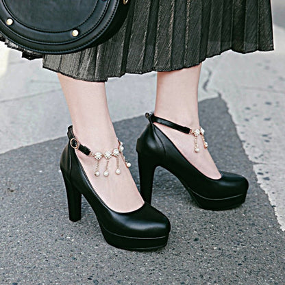 Women Pearl Chunky Heel Platform Pumps