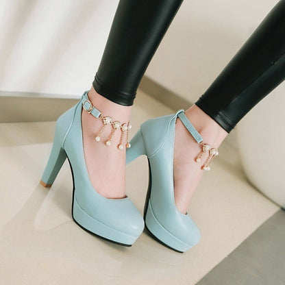 Women Pearl Chunky Heel Platform Pumps