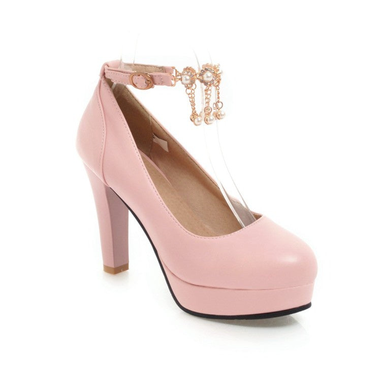 Women Pearl Chunky Heel Platform Pumps