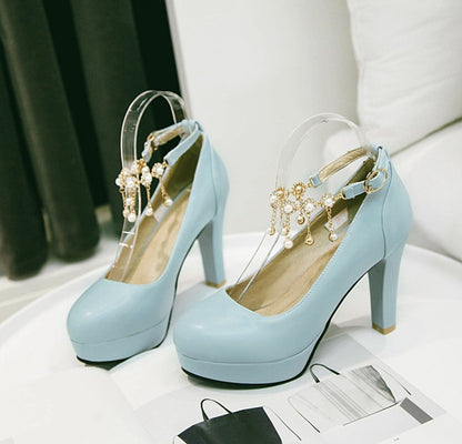 Women Pearl Chunky Heel Platform Pumps