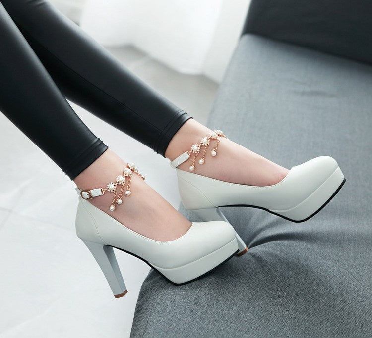 Women Pearl Chunky Heel Platform Pumps