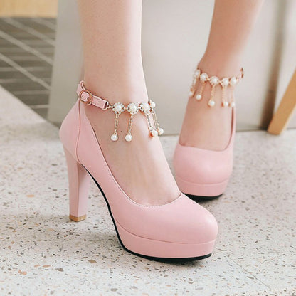 Women Pearl Chunky Heel Platform Pumps