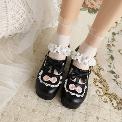 Women Flower Bowtie Chunky Heel Platform Pumps