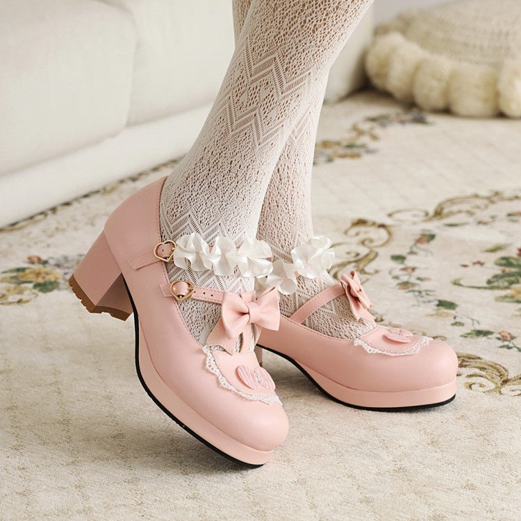 Women Flower Bowtie Chunky Heel Platform Pumps