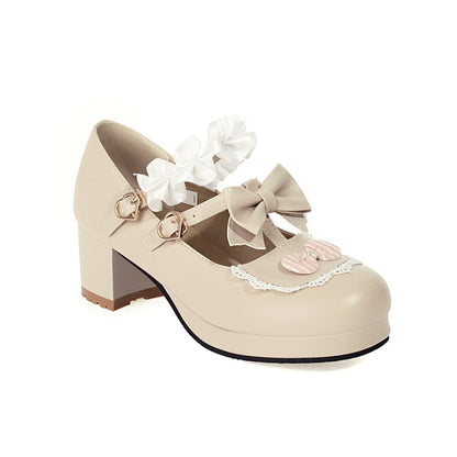 Women Flower Bowtie Chunky Heel Platform Pumps