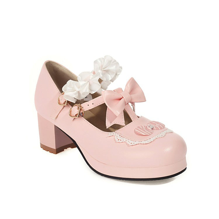 Women Flower Bowtie Chunky Heel Platform Pumps