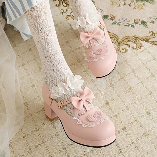 Women Flower Bowtie Chunky Heel Platform Pumps