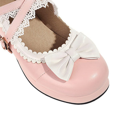 Women Double Straps Bowtie Chunky Heel Platform Pumps