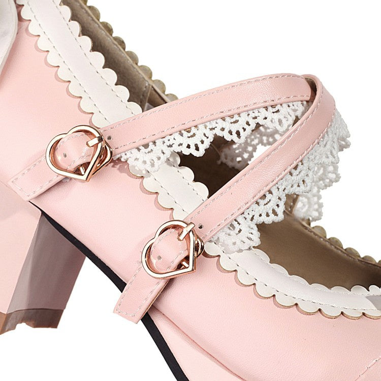 Women Double Straps Bowtie Chunky Heel Platform Pumps