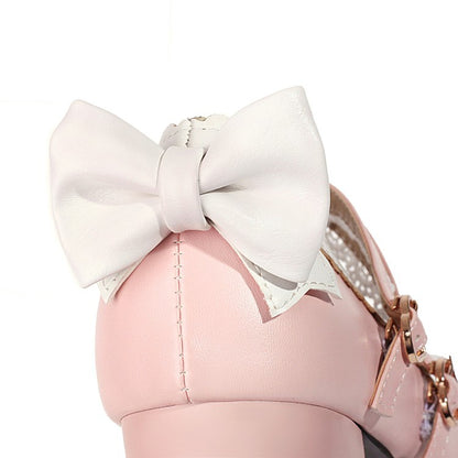 Women Double Straps Bowtie Chunky Heel Platform Pumps