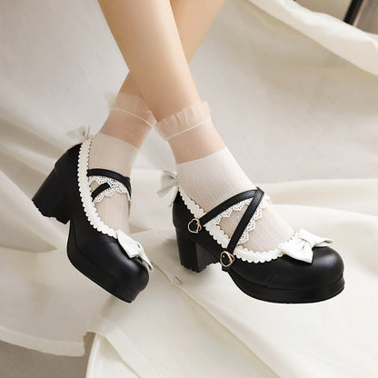 Women Double Straps Bowtie Chunky Heel Platform Pumps