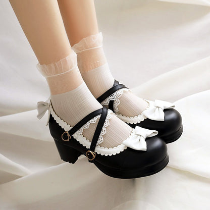 Women Double Straps Bowtie Chunky Heel Platform Pumps