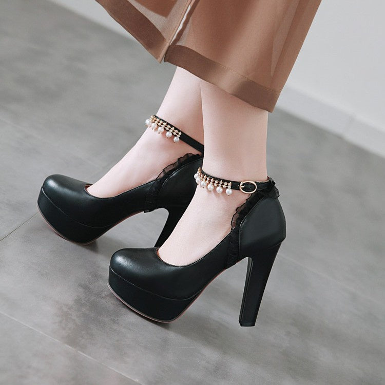 Women Ankle Strap Rhinestone Pearl Chunky Heel Platform Pumps