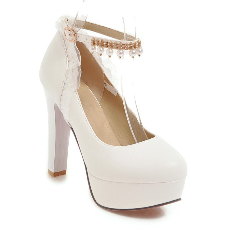 Women Ankle Strap Rhinestone Pearl Chunky Heel Platform Pumps