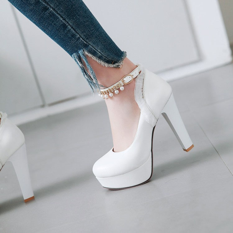 Women Ankle Strap Rhinestone Pearl Chunky Heel Platform Pumps